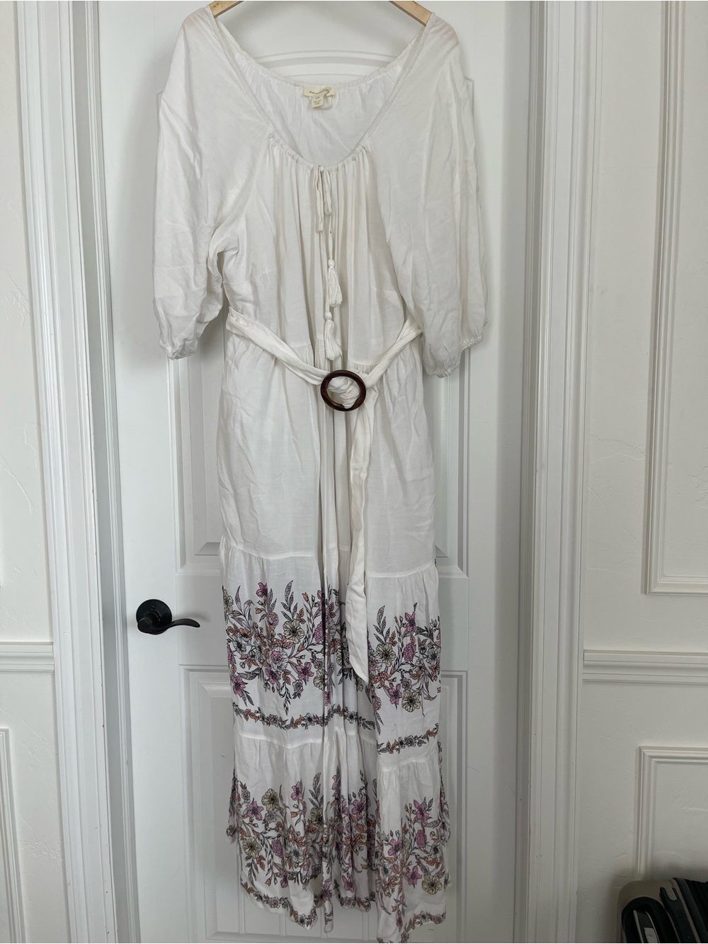 Boho White Floral Maxi Dress with Tassel Tie and Wooden Ring Belt